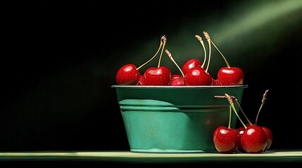 Wall Mural - Ripe red cherries in a teal metal bucket.