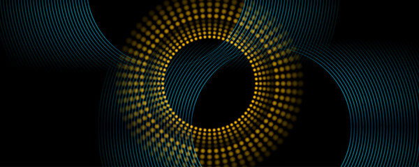 Poster - Blue shiny circular lines and golden dotted circles abstract futuristic tech background. Vector minimal geometric glowing design
