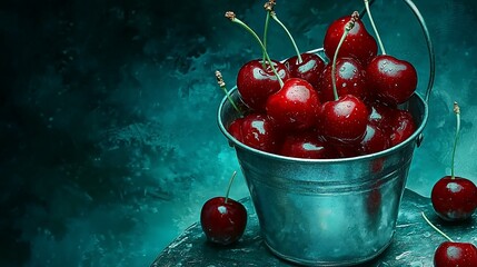 Wall Mural - Fresh red cherries in a metal bucket on dark background.