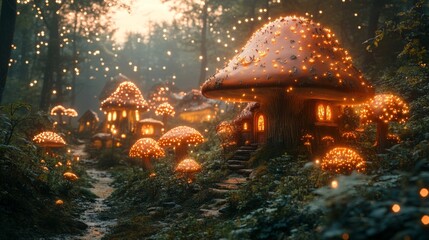 Wall Mural - Enchanted Mushroom Village: A whimsical digital art depicting a fairytale-like settlement of luminous mushroom houses nestled within a mystical forest at twilight.