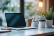 © Planetz - Modern Home Office Workspace with Laptop and Plants Bathed in Natural Light, Enjoying a Productive Atmosphere for Creativity and Focus