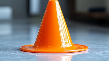 Sticker - Close-up of a Shiny Orange Traffic Cone on a Smooth Surface