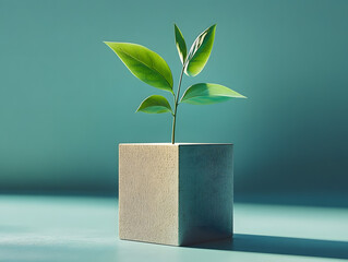Wall Mural - plant growing in a cubic block arrangement symbolizing new growth and sustainability.