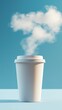 © Tina - coffee cup, without a cover, positioned at the bottom of the frame. Soft steam rises from the uncovered coffee, naturally blending with a bright, clear blue sky.