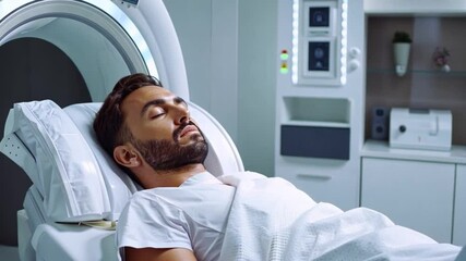 Aufkleber - A patient lies peacefully in a modern medical facility, receiving cutting-edge stem cell therapy enhanced by artificial intelligence technology. The environment is clean and sterile.