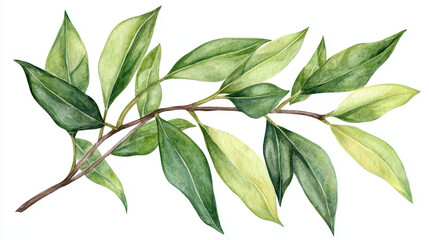 Watercolor depiction of sandalwood tree branch with vibrant green leaves