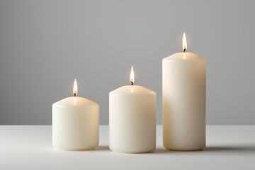 Wall Mural - three white candles are lit on a table with a gray background