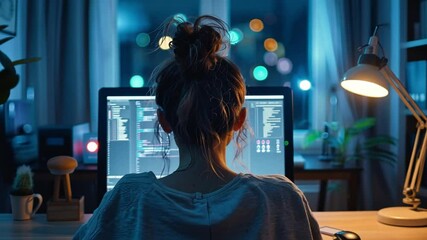 Leinwandbilder - A person is engaged in programming late at night, surrounded by a dimly lit modern workspace. The computer screen displays lines of code, while ambient light creates a calm atmosphere.