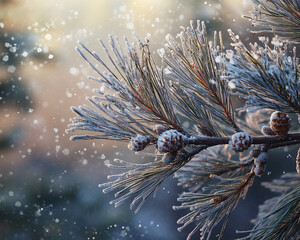 Wall Mural - Frosted pine branch with snow-covered needles and cones under a soft winter sunlight