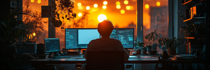 Poster - A person in a dark room illuminated by a screen, with looming tasks just out of sight,