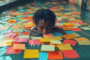 Poster - A person drowning in colorful sticky notes, struggling to reach the surface,