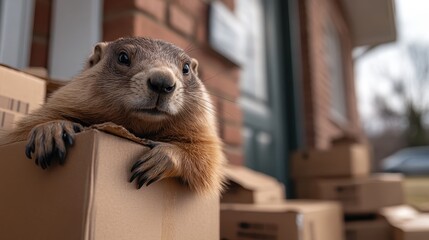 A relaxed groundhog rests comfortably on a stack of cardboard boxes, encapsulating a serene moment in a friendly outdoor environment amid packages.