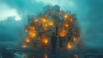 Poster - A surreal weight pressing down on a person, made of missed deadlines,