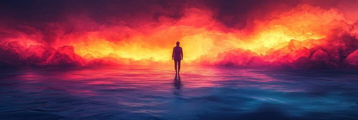 Poster - A surreal representation of a person walking on a treadmill of endless scrolling,