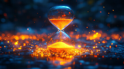 Poster - A digital hourglass with sand falling onto a pile of glowing distractions,