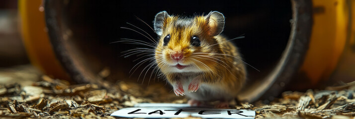 Poster - A hamster running on a wheel labeled later while deadlines loom in the background,