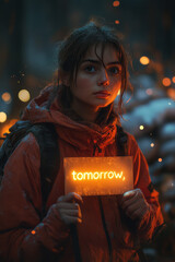 Poster - A person holding a glowing sign reading tomorrow, while tasks pile up behind them,