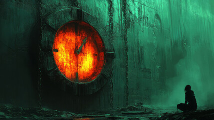 Poster - A surreal depiction of a person chained to a glowing clock,