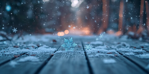 Wall Mural - Delicate snowflakes on a frosty wooden surface with glowing bokeh lights in a serene winter evening