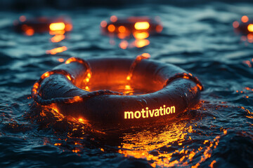 Poster - A glowing lifebuoy labeled motivation floating in a sea of procrastination,