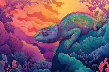 Poster - Vibrant Chameleon Resting on Surreal Rockscape