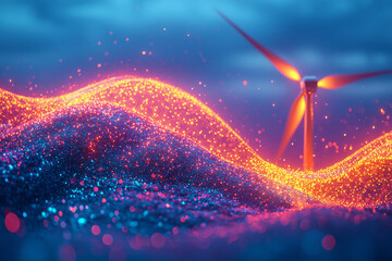 Poster - A futuristic wind turbine glowing with vibrant energy waves,