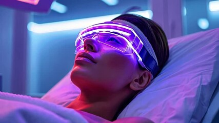 Poster - In a cutting-edge healthcare facility, a patient relaxes under soothing light therapy using advanced AI technology. The atmosphere is calm, emphasizing healing and innovation during treatment.
