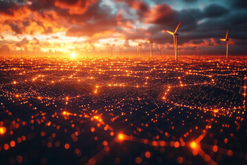 Poster - A glowing energy grid connecting renewable energy sources like wind, solar, and water,