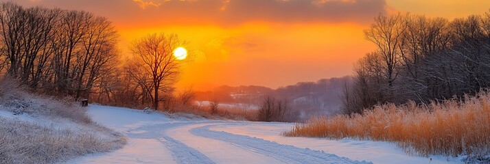 Wall Mural - Golden Hour Winter Sunset over a Snow Covered Countryside with a Winding Road and Trees