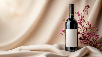 A dark, seductive bottle of red wine with a blank label is set against a backdrop of luxurious drapery and accompanied by small, elegant pink flowers, suggesting opulence.