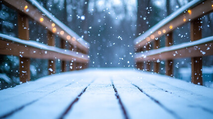 Wall Mural - Snowy wooden bridge with falling snowflakes and warm bokeh lights in a tranquil winter forest