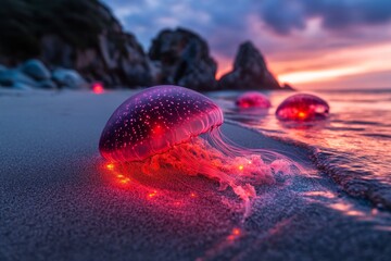 A jellyfish surrounded by glowing plankton, creating a magical and ethereal underwater environment