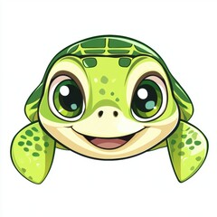 Wall Mural - A cute, cartoon-style green turtle with big eyes and a happy expression.