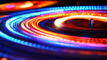 Poster - Spinning Turntable with Vibrant Glowing Lights Abstract Close-Up of Music and Motion