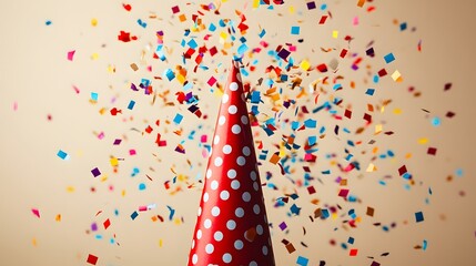 An exploding party popper releases colorful confetti and streamers against a light beige background, capturing a joyful carnival atmosphere in high-speed photography.