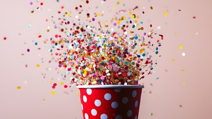 An exploding party popper releases colorful confetti and streamers against a light beige background, capturing a joyful carnival atmosphere in high-speed photography.