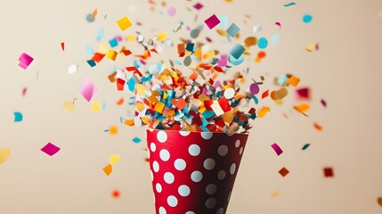 An exploding party popper releases colorful confetti and streamers against a light beige background, capturing a joyful carnival atmosphere in high-speed photography.