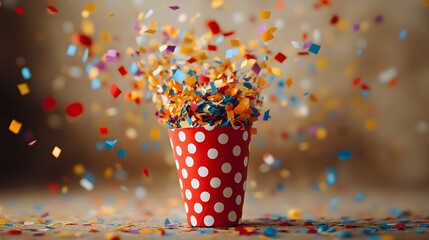 An exploding party popper releases colorful confetti and streamers against a light beige background, capturing a joyful carnival atmosphere in high-speed photography.