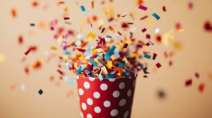 An exploding party popper releases colorful confetti and streamers against a light beige background, capturing a joyful carnival atmosphere in high-speed photography.
