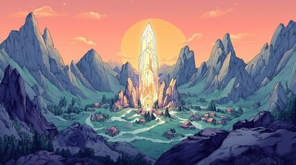 Wall Mural - Crystal Spire Village Sunset Mountain Fantasy Scene