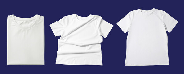 Wall Mural - Blank white t-shirts on blue background, collage. Mockup for design