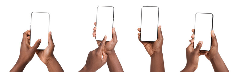 Woman holding mobile phone with blank screen on white background, closeup. Collage