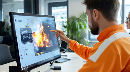 fire alarm control prevention. A person editing images on a computer screen, showcasing vibrant visuals and a creative workspace with a modern design.