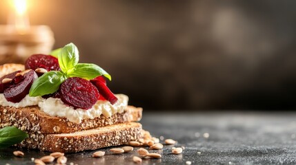 A close-up of a colorful sandwich featuring fresh beetroot slices, creamy cheese, and seeds on whole grain bread, beautifully styled against a dark background.