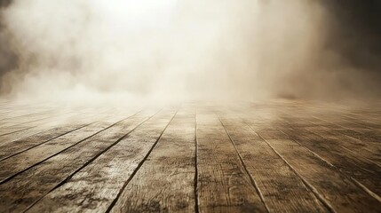 Wall Mural - Foggy wooden floor in dark room with spotlight.