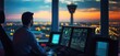 © k_viktar - Air Traffic Controller Monitoring Airport Operations at Sunset with Control Screens and Tower in Background, copy space for text