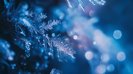 Wall Mural - Macro shot of intricate ice crystals illuminated in blue light with a dreamy bokeh effect in the background