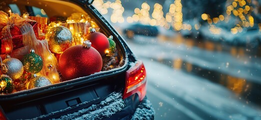 Wall Mural - Christmas decorations and gifts in car trunk, festive ornaments, colorful lights, snowy background, holiday spirit, winter wonderland, copy space for text