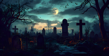 Sticker - Graveyard In The Spooky Night. Spooky Cemetery With Moon In Cloudy Sky. AI illustration. Halloween Backdrop.