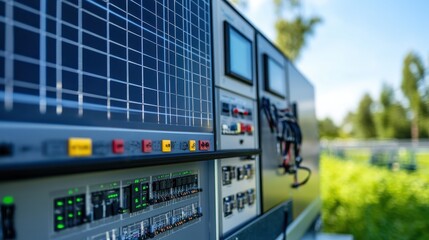 Close-up of solar panel control system; various displays and switches monitor energy production. Ideal for illustrating renewable energy, technology, and sustainable power solutions.